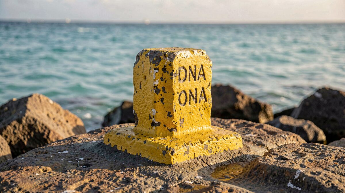 A weathered shore-diving entry marker on a Bonaire-style ironshore, yellow painted rock in warm late-afternoon light, low angle with calm turquoise water behind