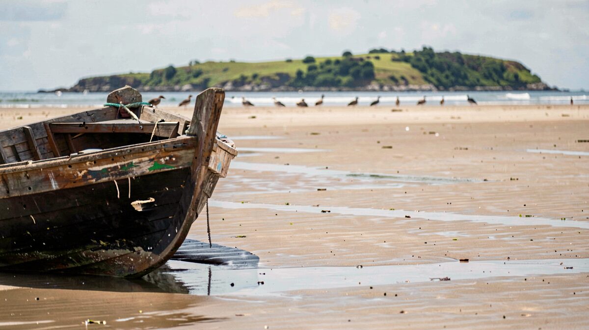 A small wooden boat pulled up on wet sand at low tide, its hull dark against pale flats, with a low green island and a line of resting birds on the horizon under flat morning light, shot from a low angle with the boat filling the left third.