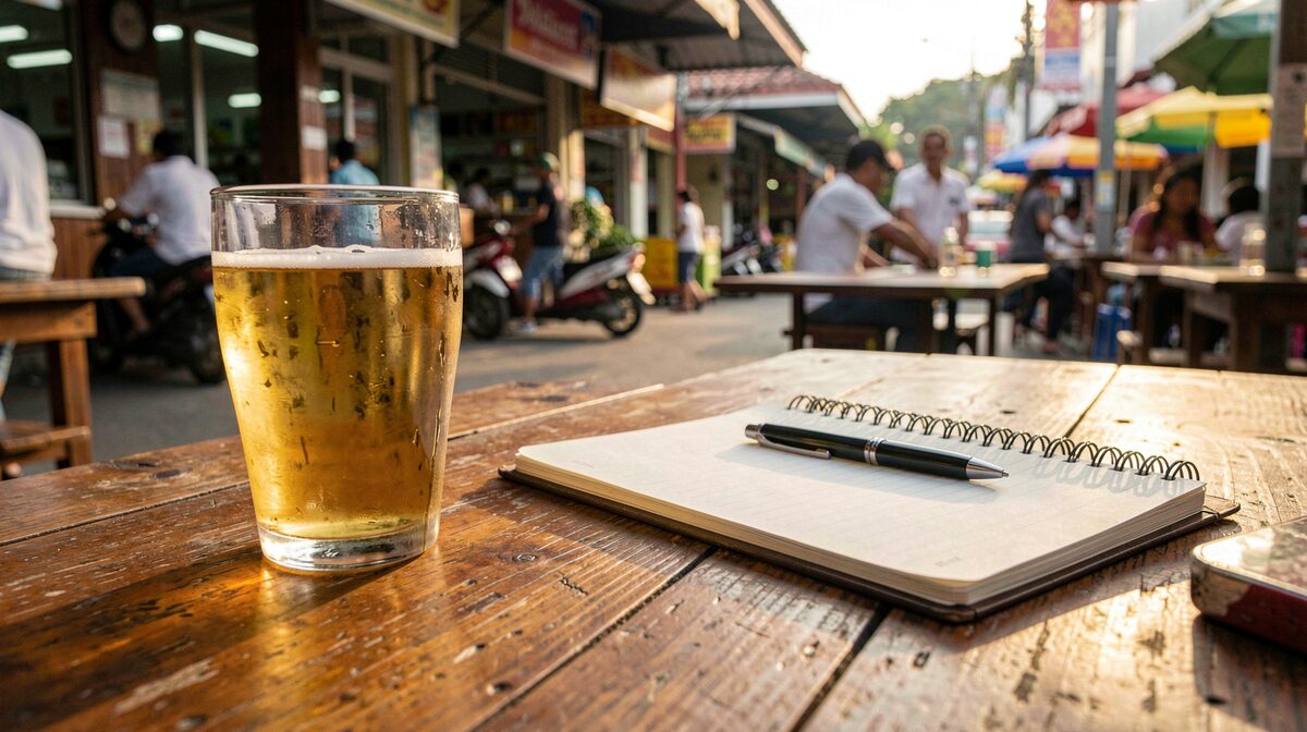 A wooden kopitiam table in downtown Kota Kinabalu in late afternoon light, a half-filled glass of pale lager beside a notebook and pen, shot close from a low angle.