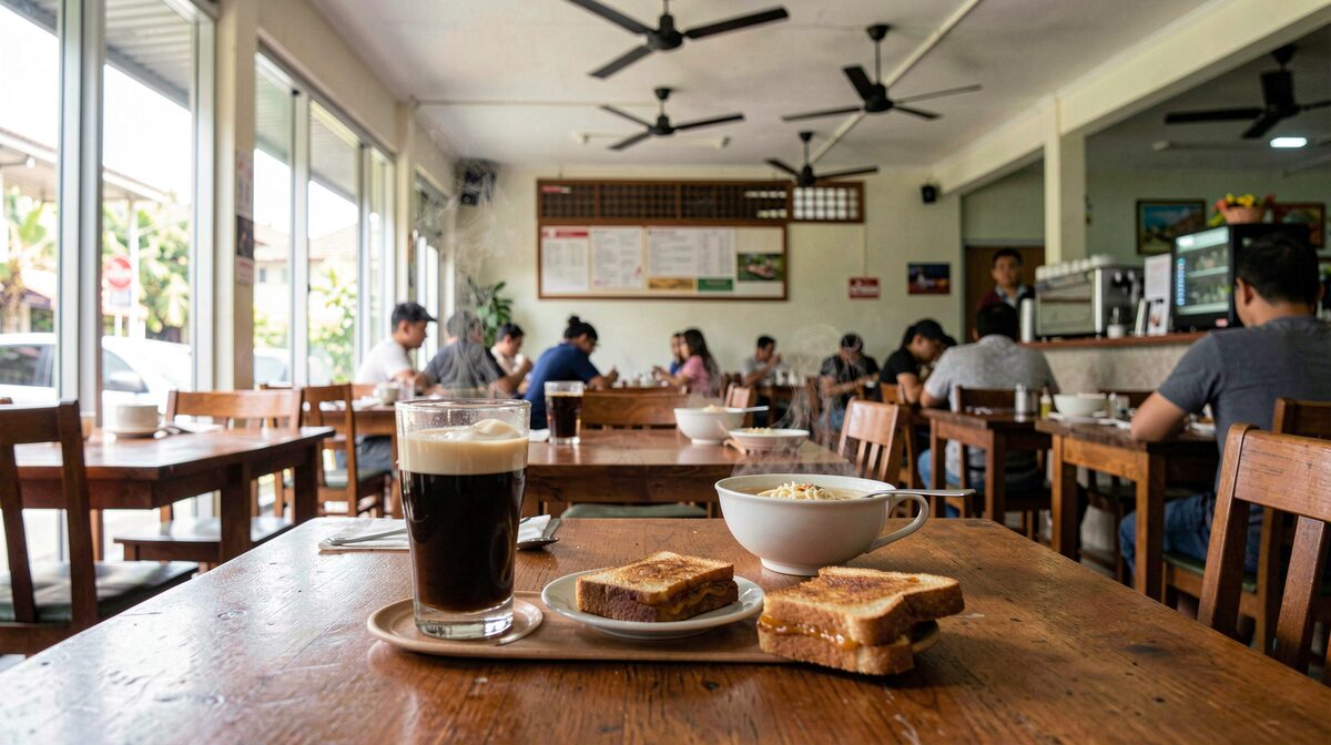 A kopitiam table in downtown Kota Kinabalu in morning light, a glass of kopi, toast on a small plate, steamed laksa bowls on neighbouring tables, ceiling fans above.