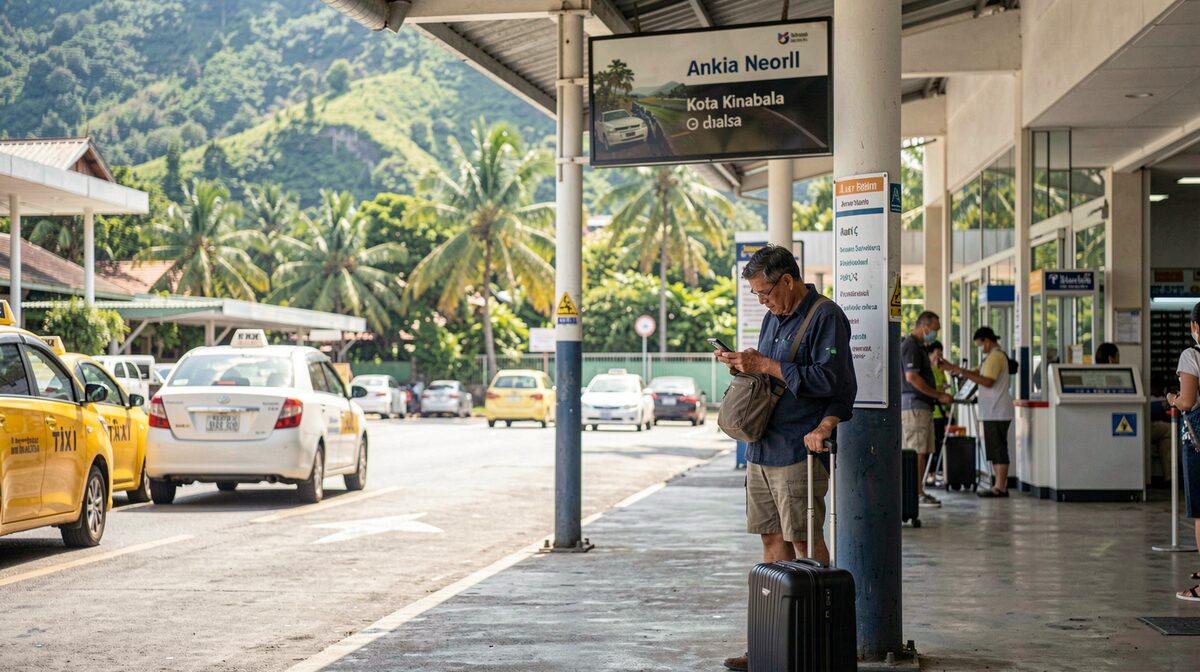 A taxi queue outside Kota Kinabalu International Airport arrivals, tropical midday light, a traveller with a suitcase checking a phone, palms and hills behind.