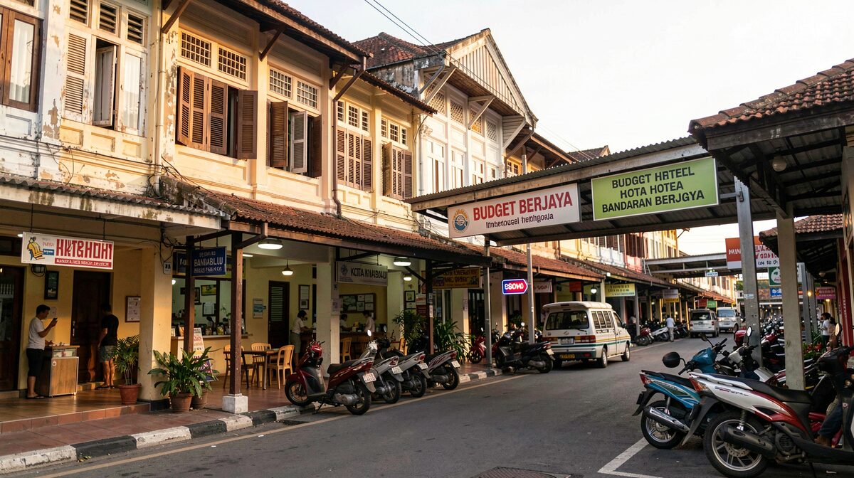 A Bandaran Berjaya shophouse row in Kota Kinabalu at late afternoon, budget hotel signs over five-foot walkways, scooters parked along the kerb, warm light on old facades.