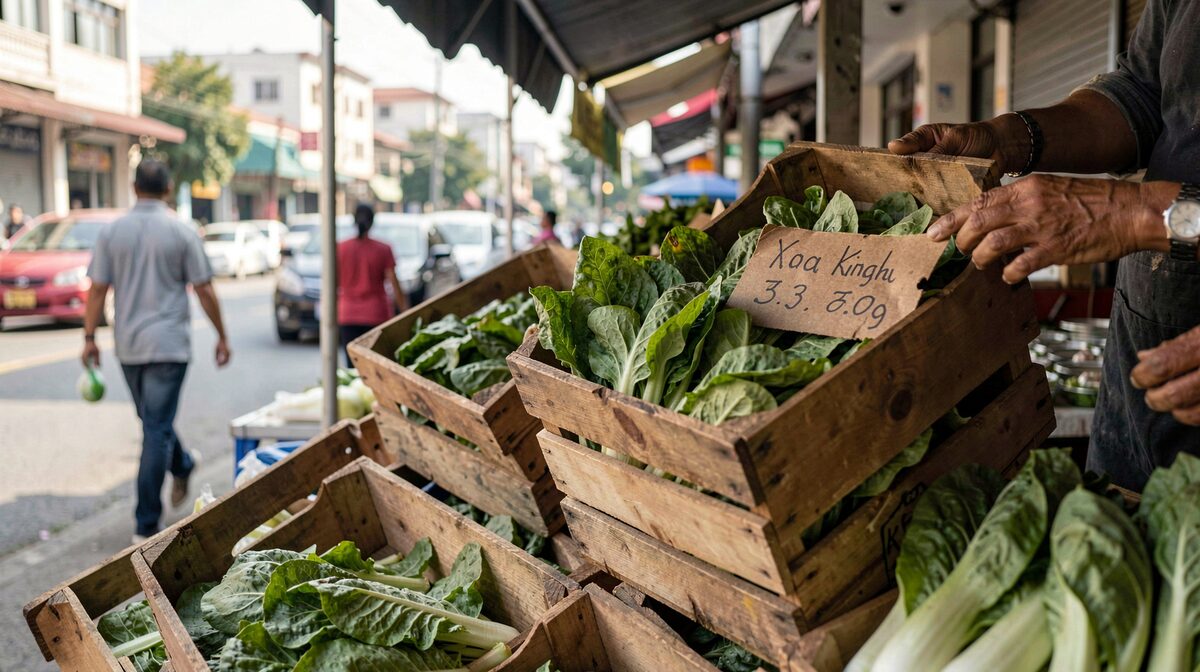 A morning market stall in downtown Kota Kinabalu, wooden crates of leafy greens stacked at an angle, a handwritten origin tag on the top crate, soft daylight from the left, shot at eye level with the vendor's hands just entering the frame.