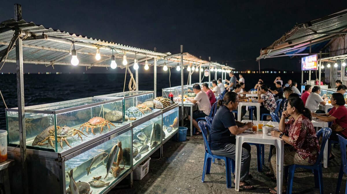 The night seafood court on the Kota Kinabalu waterfront, tanks of live fish and crabs glowing under stall lights, plastic tables full, the sea dark behind.