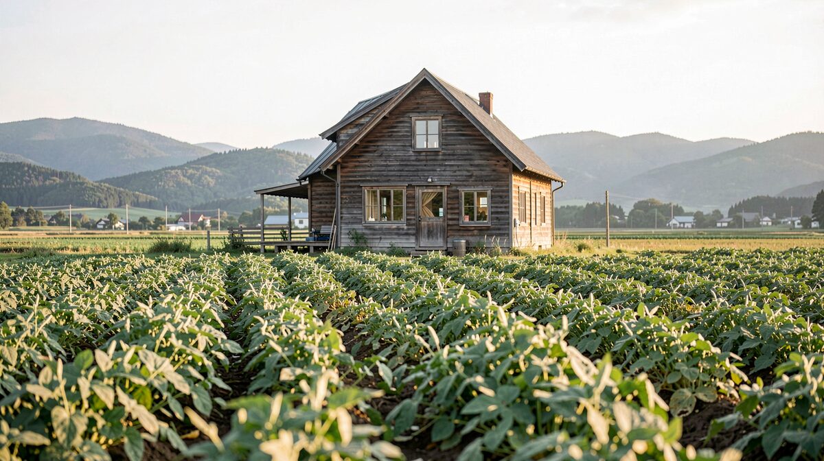 A modest farmhouse at the edge of a potato field in eastern Hokkaido, morning light, wide shot with distant hills.