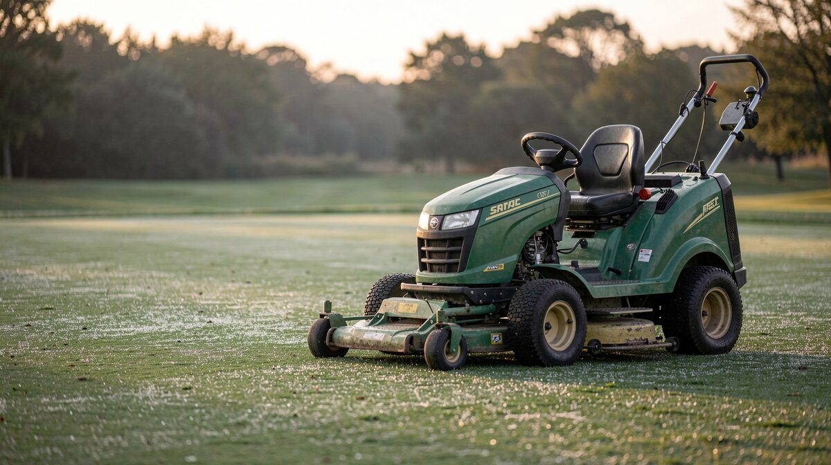 A greenkeeper's mower parked beside a freshly cut putting green at dawn, dew still on the grass, low side light, medium wide shot.